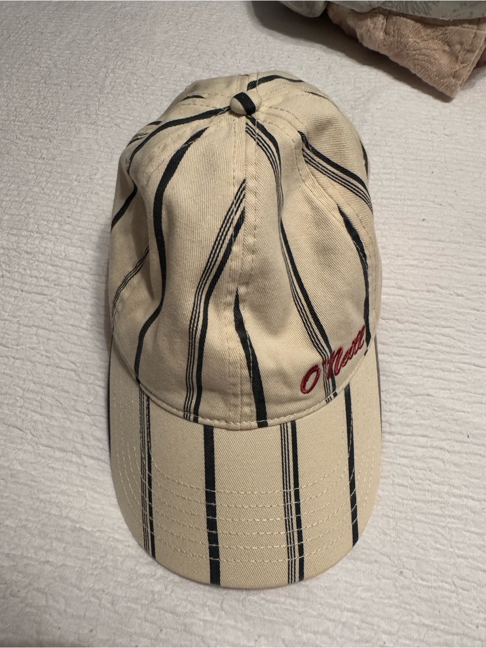 Striped Beige hat with Red Script Accent